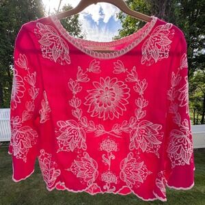 Solitaire Womens M Hot Pink Embroidered Blouse Top Floral Boho Art Peasant